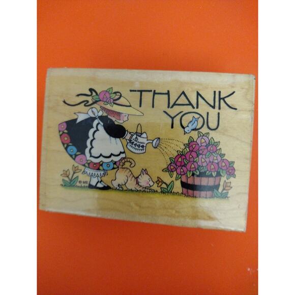 Mary Engelbreit Ink Watering The Roses Thank You Wood Mount Rubber Stamp 581H - Picture 2 of 4